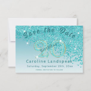 Falling Teal Blue Glitter for 20th Birthday Save The Date