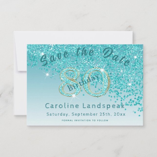 Falling Teal Blue Glitter for 80th Birthday Save The Date (Front)