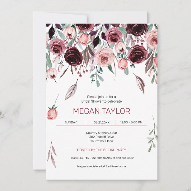 Falling Watercolor Burgundy Rose Bridal Shower Invitation (Front)