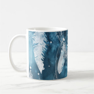 Falling white feathers, blue watercolor. coffee mug