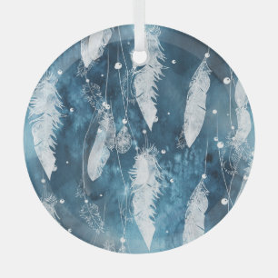Falling white feathers, blue watercolor. glass tree decoration