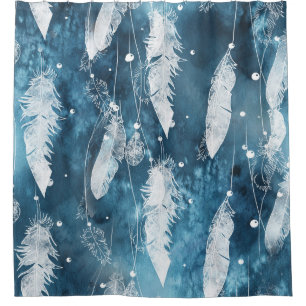 Falling white feathers, blue watercolor. shower curtain