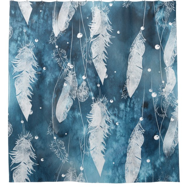 Falling white feathers, blue watercolor. shower curtain (Front)