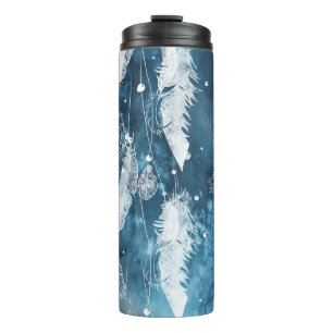 Falling white feathers, blue watercolor. thermal tumbler
