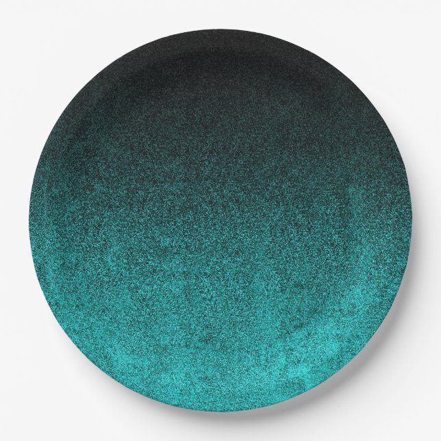 Falln Aqua & Black Glitter Gradient Paper Plate (Front)