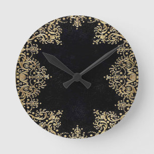Falln Black And Gold Filigree Round Clock