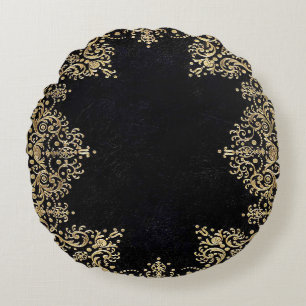 Falln Black And Gold Filigree Round Cushion