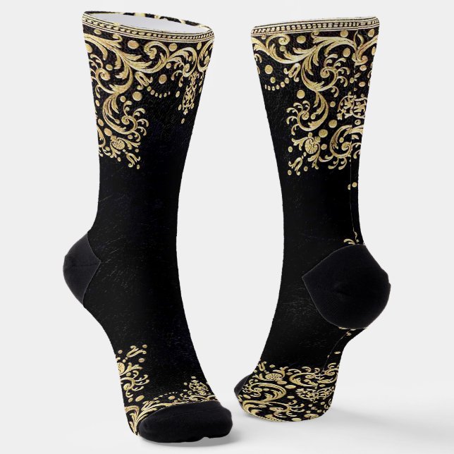Falln Black And Gold Filigree Socks (Angled)