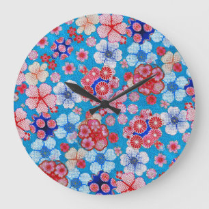 Falln Blue Cascading Floral Chirimen Large Clock