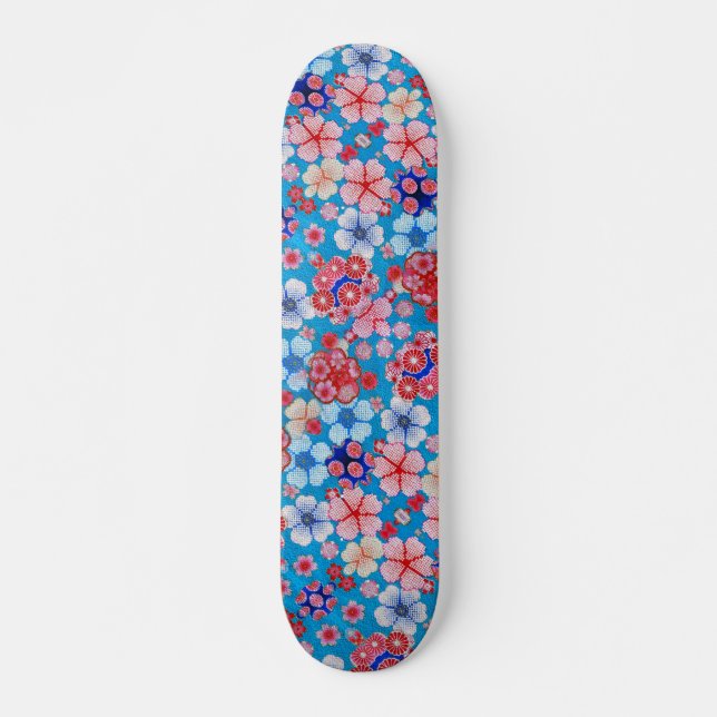 Falln Blue Cascading Floral Chirimen Skateboard (Front)
