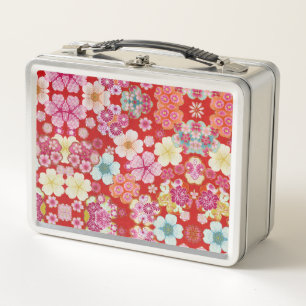 Falln Crimson Floral Chirimen Metal Lunch Box