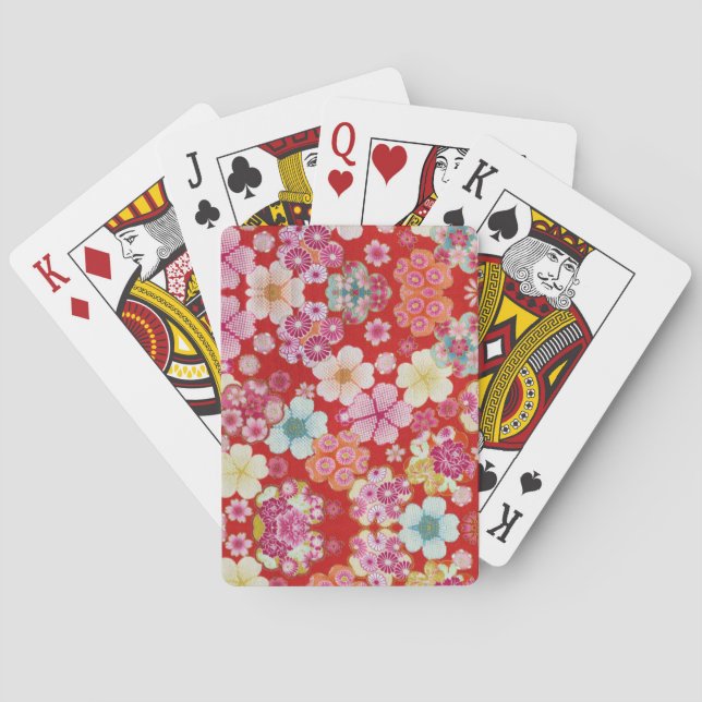 Falln Crimson Floral Chirimen Playing Cards (Back)