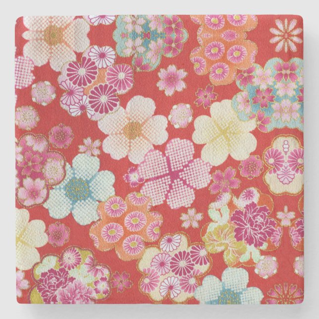 Falln Crimson Floral Chirimen Stone Coaster (Front)