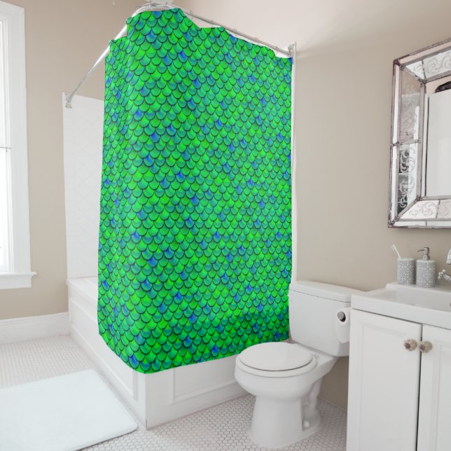 Falln Green Blue Scales Shower Curtain (In Situ)