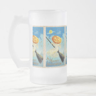 Falln Happy Halloween Pumpkin Witch Frosted Glass Beer Mug