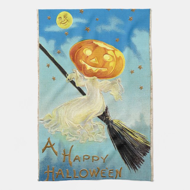 Falln Happy Halloween Pumpkin Witch Tea Towel (Vertical)