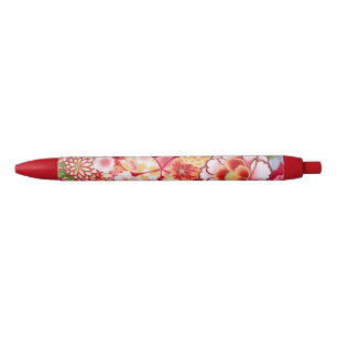 Falln Red Floral Burst Black Ink Pen