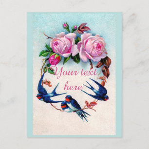 Falln Victorian Blue Birds and Roses Postcard
