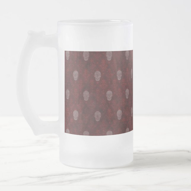 Falln Victorian Skulls Red Frosted Glass Beer Mug (Left)