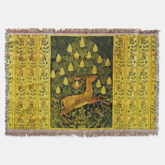 FALLOW DEER,FLOWERS CHESTNUT TREE Green Yellow Throw Blanket (Front)