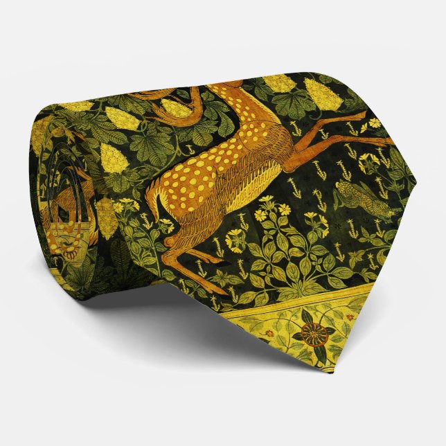 FALLOW DEER,FLOWERS CHESTNUT TREE Green Yellow Tie (Rolled)