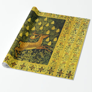 FALLOW DEER,FLOWERS CHESTNUT TREE Green Yellow Wrapping Paper
