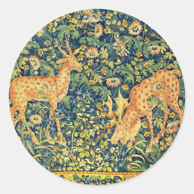 FALLOW DEER PAIR,GOTHIC FANTASY FLOWERS,Green Classic Round Sticker (Front)
