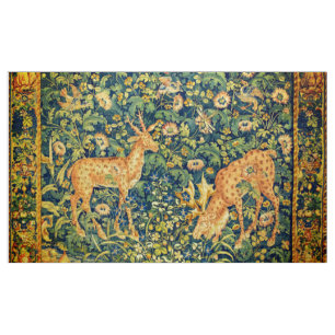 FALLOW DEER PAIR,GOTHIC FANTASY FLOWERS,Green Fabric