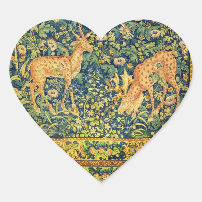 FALLOW DEER PAIR,GOTHIC FANTASY FLOWERS,Green Heart Sticker (Front)