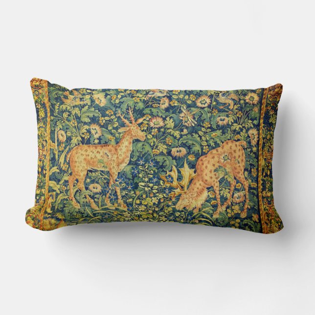 FALLOW DEER PAIR,GOTHIC FANTASY FLOWERS,Green Lumbar Cushion (Front)