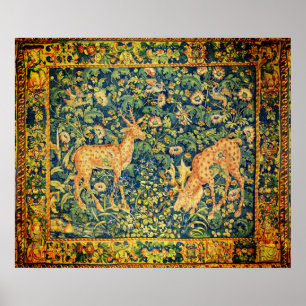 FALLOW DEER PAIR,GOTHIC FANTASY FLOWERS,Green Poster