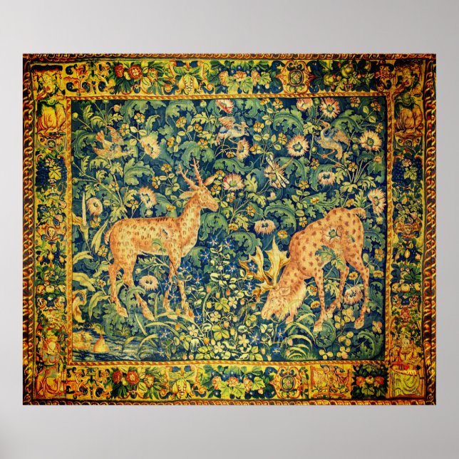 FALLOW DEER PAIR,GOTHIC FANTASY FLOWERS,Green Poster (Front)