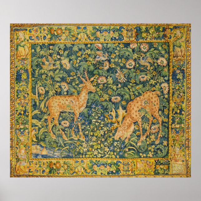 FALLOW DEER PAIR,GOTHIC FANTASY FLOWERS,Green Poster (Front)