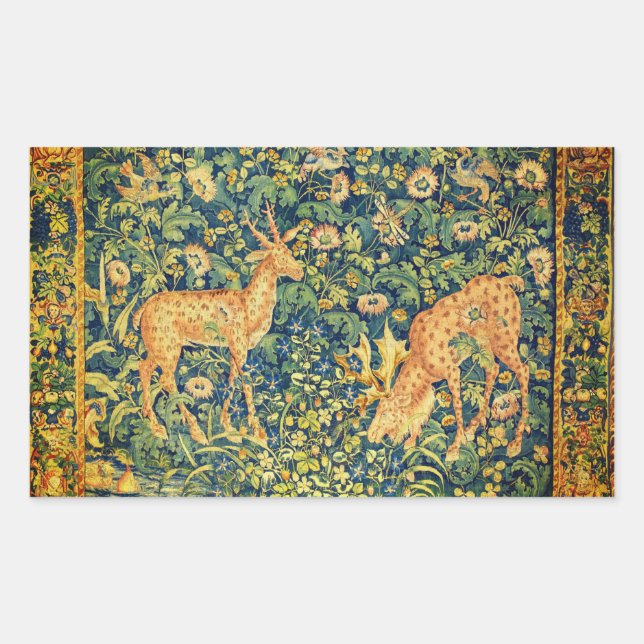 FALLOW DEER PAIR,GOTHIC FANTASY FLOWERS,Green Rectangular Sticker (Front)