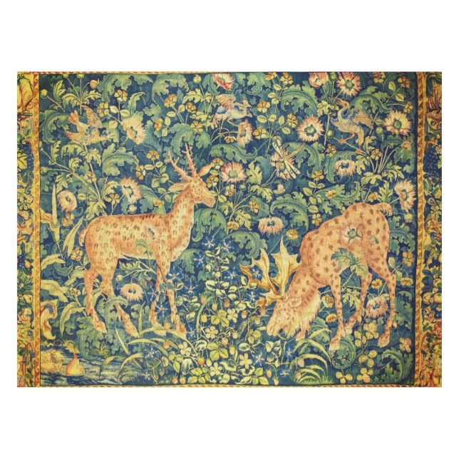 FALLOW DEER PAIR,GOTHIC FANTASY FLOWERS,Green Tablecloth (Front (Horizontal))