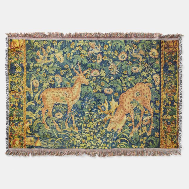 FALLOW DEER PAIR,GOTHIC FANTASY FLOWERS,Green Throw Blanket (Front)
