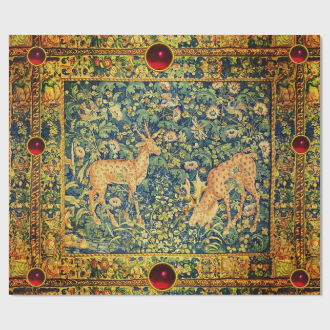 FALLOW DEER PAIR,GOTHIC FANTASY FLOWERS,Green Wrapping Paper (Flat)