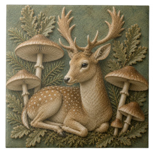 Fallow Deer & Woodland Mushrooms Autumn Wildlife Tile