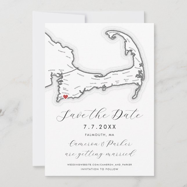 Falmouth MA Cape Cod Map Black and White Wedding Save The Date (Front)