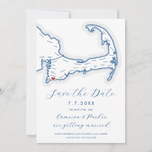 Falmouth MA Cape Cod Map Navy Blue Wedding Save The Date