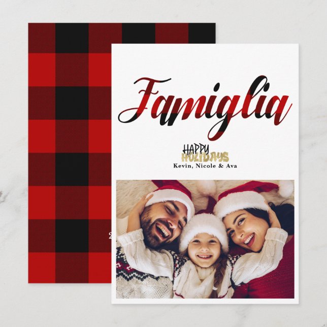 Famiglia Plaid Gold Christmas Holiday Photo Card (Front/Back)