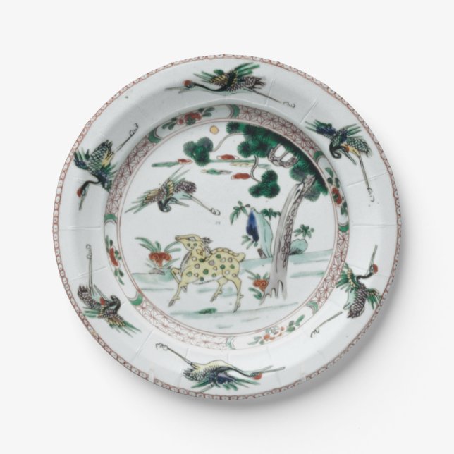 Famille verte porcelain chinoiserie crane deer paper plate (Front)