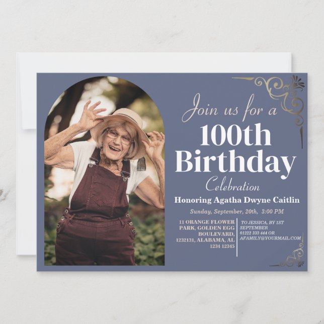 Family 100th Birthday Party Simple Elegant Photo  Invitation (Front)