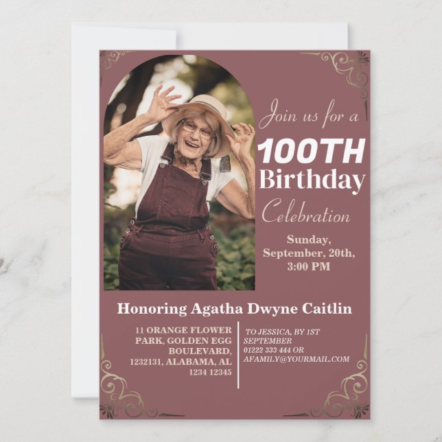 Family 100th Birthday Party Simple Elegant Photo  Invitation (Front)