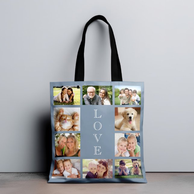 Family 10 Photo Collage Dusty Blue Tote Bag (Creator Uploaded)