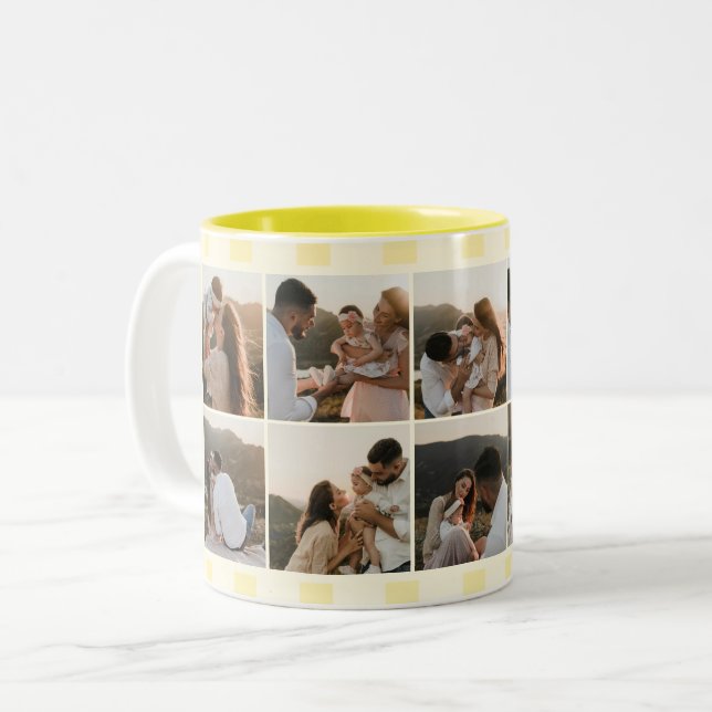 Family 10 Photo Yellow Stripes Two-Tone Coffee Mug (Front Left)