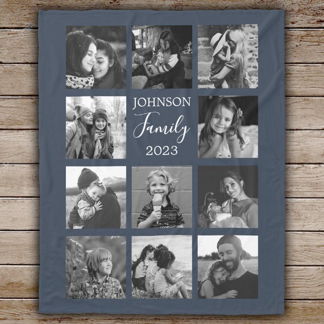 Family 11 Photo Collage Dark Blue Fleece Blanket (Creator Uploaded)