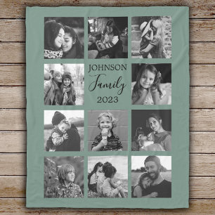 Family 11 Photo Collage Dusty Green Fleece Blanket
