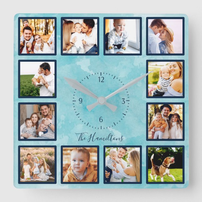 Family 12 Photos Collage Blue Watercolor Square Wall Clock (Front)