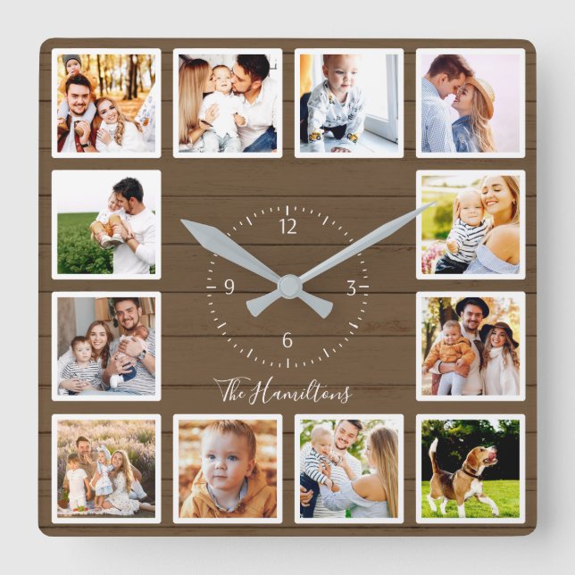 Family 12 Photos Collage Brown Wood Square Wall Clock (Front)